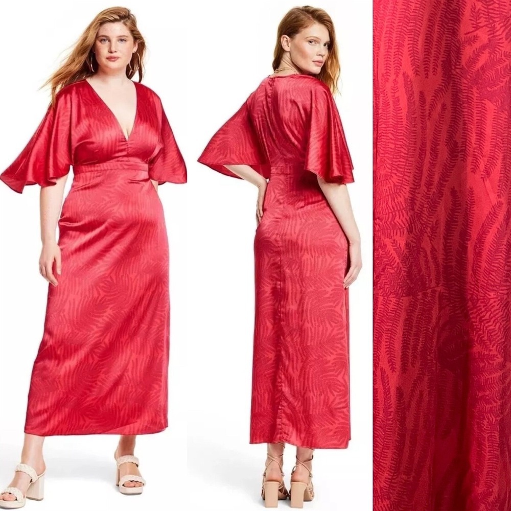 Fe Noel x Target Women's Red Satin Palm Leaf Maxi Kaftan Dress Flutter Sleeve 16